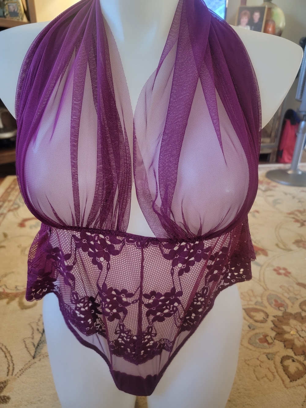 NEW NWT AdoreMe Sheer Lace Halter Teddy Bodysuit in Plum Sz 4XL